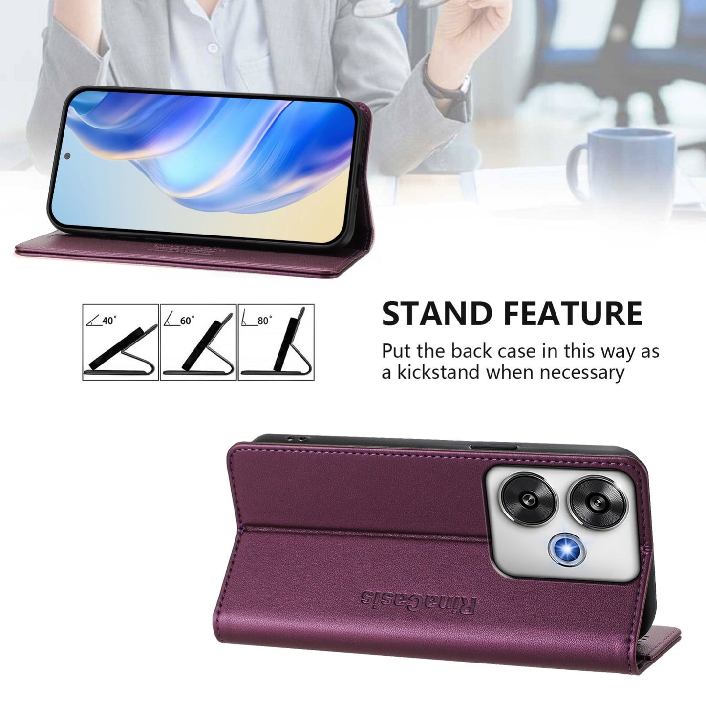 Xiaomi Poco F6 Pro 5G Dual-Folded Magnetic Suction RFID Blocking PU Leather Wallet Phone Case with Card Slots, Cash Pocket, Kickstand, Full Protective Flip Cover