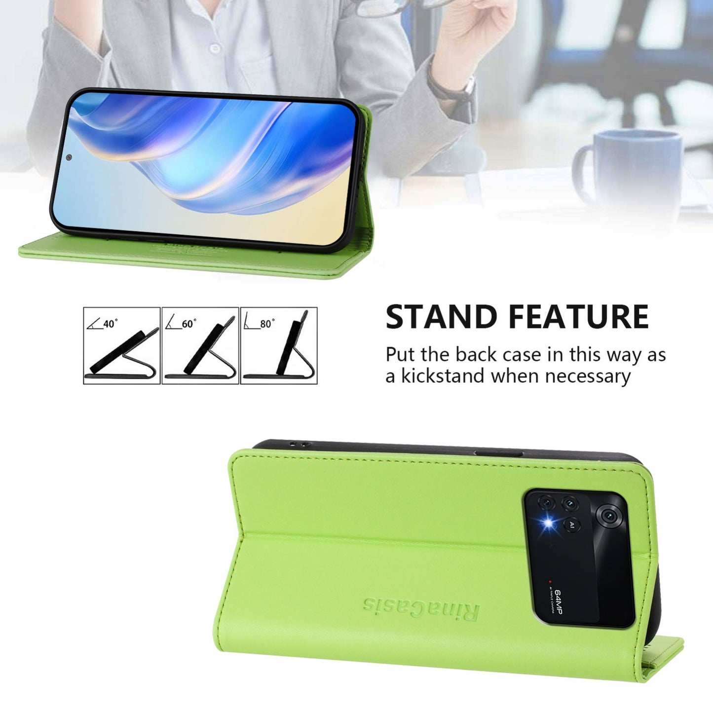Xiaomi Poco M4 Pro 4G Dual-Folded Magnetic Suction RFID Blocking PU Leather Wallet Phone Case with Card Slots, Cash Pocket, Kickstand, Full Protective Flip Cover