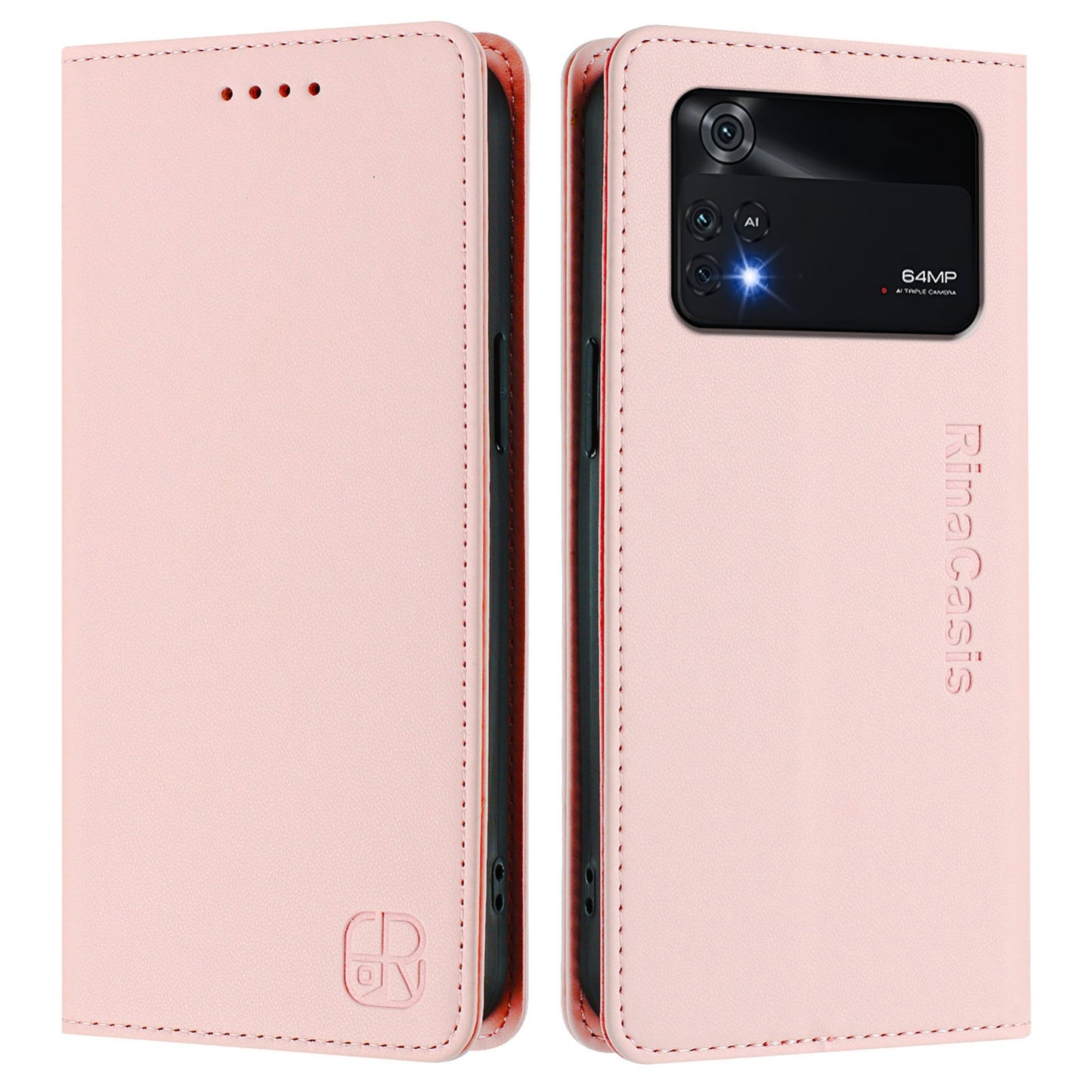 Xiaomi Poco M4 Pro 4G Dual-Folded Magnetic Suction RFID Blocking PU Leather Wallet Phone Case with Card Slots, Cash Pocket, Kickstand, Full Protective Flip Cover