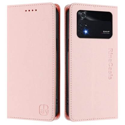 Xiaomi Poco M4 Pro 4G Dual-Folded Magnetic Suction RFID Blocking PU Leather Wallet Phone Case with Card Slots, Cash Pocket, Kickstand, Full Protective Flip Cover