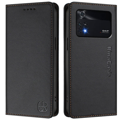 Xiaomi Poco M4 Pro 4G Dual-Folded Magnetic Suction RFID Blocking PU Leather Wallet Phone Case with Card Slots, Cash Pocket, Kickstand, Full Protective Flip Cover