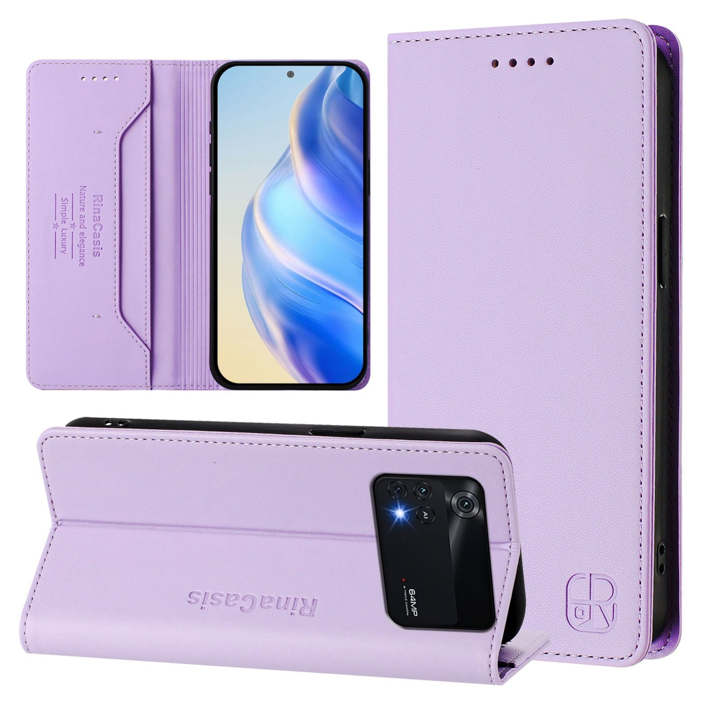 Xiaomi Poco M4 Pro 4G Dual-Folded Magnetic Suction RFID Blocking PU Leather Wallet Phone Case with Card Slots, Cash Pocket, Kickstand, Full Protective Flip Cover