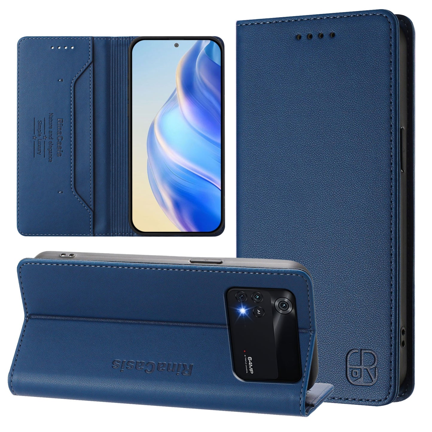 Xiaomi Poco M4 Pro 4G Dual-Folded Magnetic Suction RFID Blocking PU Leather Wallet Phone Case with Card Slots, Cash Pocket, Kickstand, Full Protective Flip Cover