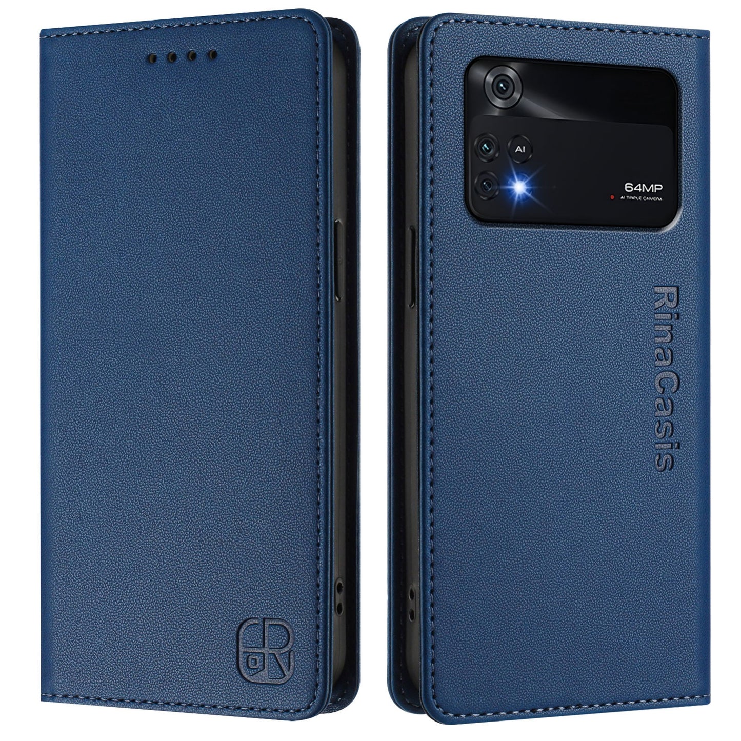 Xiaomi Poco M4 Pro 4G Dual-Folded Magnetic Suction RFID Blocking PU Leather Wallet Phone Case with Card Slots, Cash Pocket, Kickstand, Full Protective Flip Cover