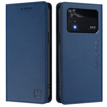 Xiaomi Poco M4 Pro 4G Dual-Folded Magnetic Suction RFID Blocking PU Leather Wallet Phone Case with Card Slots, Cash Pocket, Kickstand, Full Protective Flip Cover