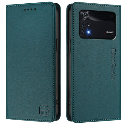 Xiaomi Poco M4 Pro 4G Dual-Folded Magnetic Suction RFID Blocking PU Leather Wallet Phone Case with Card Slots, Cash Pocket, Kickstand, Full Protective Flip Cover