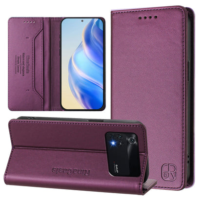Xiaomi Poco M4 Pro 4G Dual-Folded Magnetic Suction RFID Blocking PU Leather Wallet Phone Case with Card Slots, Cash Pocket, Kickstand, Full Protective Flip Cover