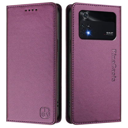 Xiaomi Poco M4 Pro 4G Dual-Folded Magnetic Suction RFID Blocking PU Leather Wallet Phone Case with Card Slots, Cash Pocket, Kickstand, Full Protective Flip Cover