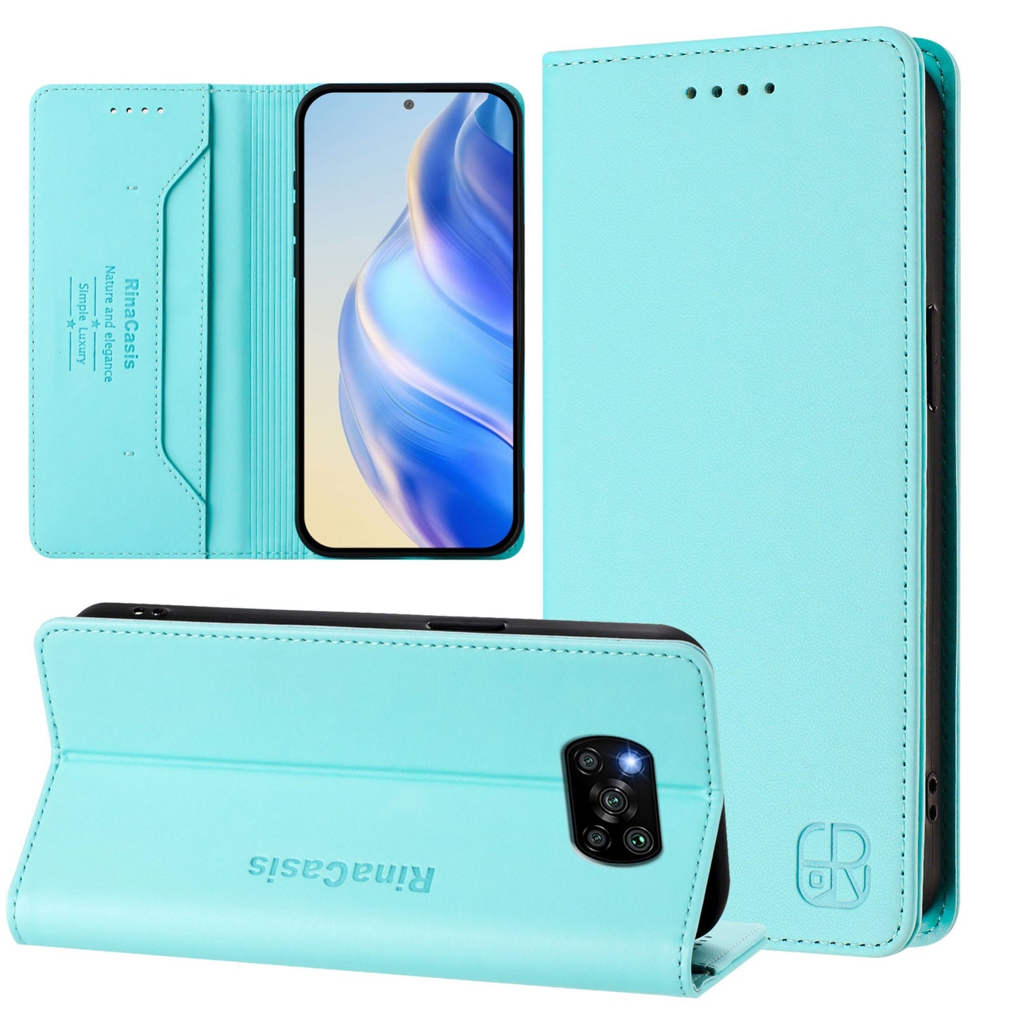 Xiaomi Poco X3 Dual-Folded Magnetic Suction RFID Blocking PU Leather Wallet Phone Case with Card Slots, Cash Pocket, Kickstand, Full Protective Flip Cover