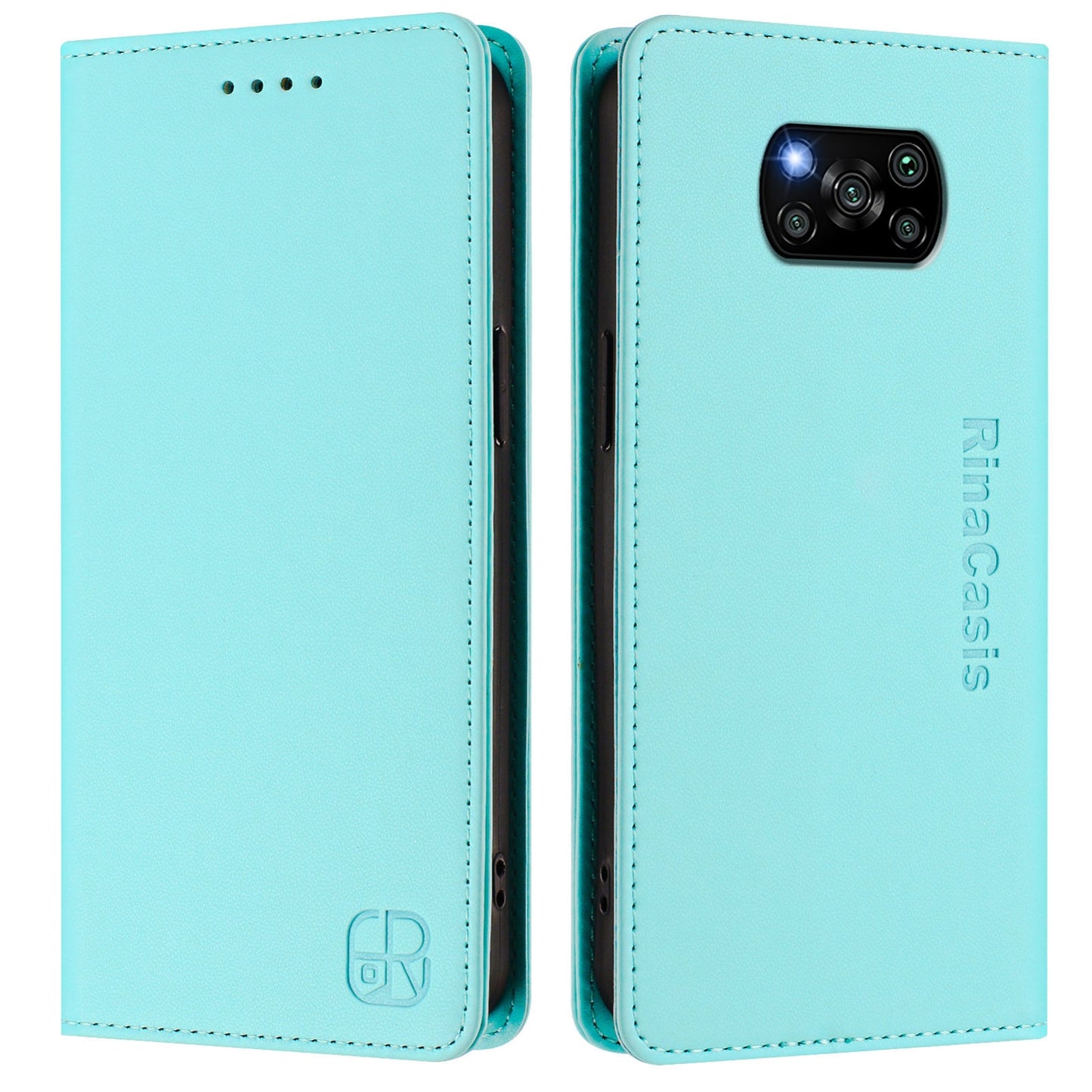 Xiaomi Poco X3 Dual-Folded Magnetic Suction RFID Blocking PU Leather Wallet Phone Case with Card Slots, Cash Pocket, Kickstand, Full Protective Flip Cover