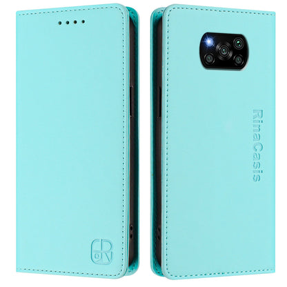 Xiaomi Poco X3 Dual-Folded Magnetic Suction RFID Blocking PU Leather Wallet Phone Case with Card Slots, Cash Pocket, Kickstand, Full Protective Flip Cover