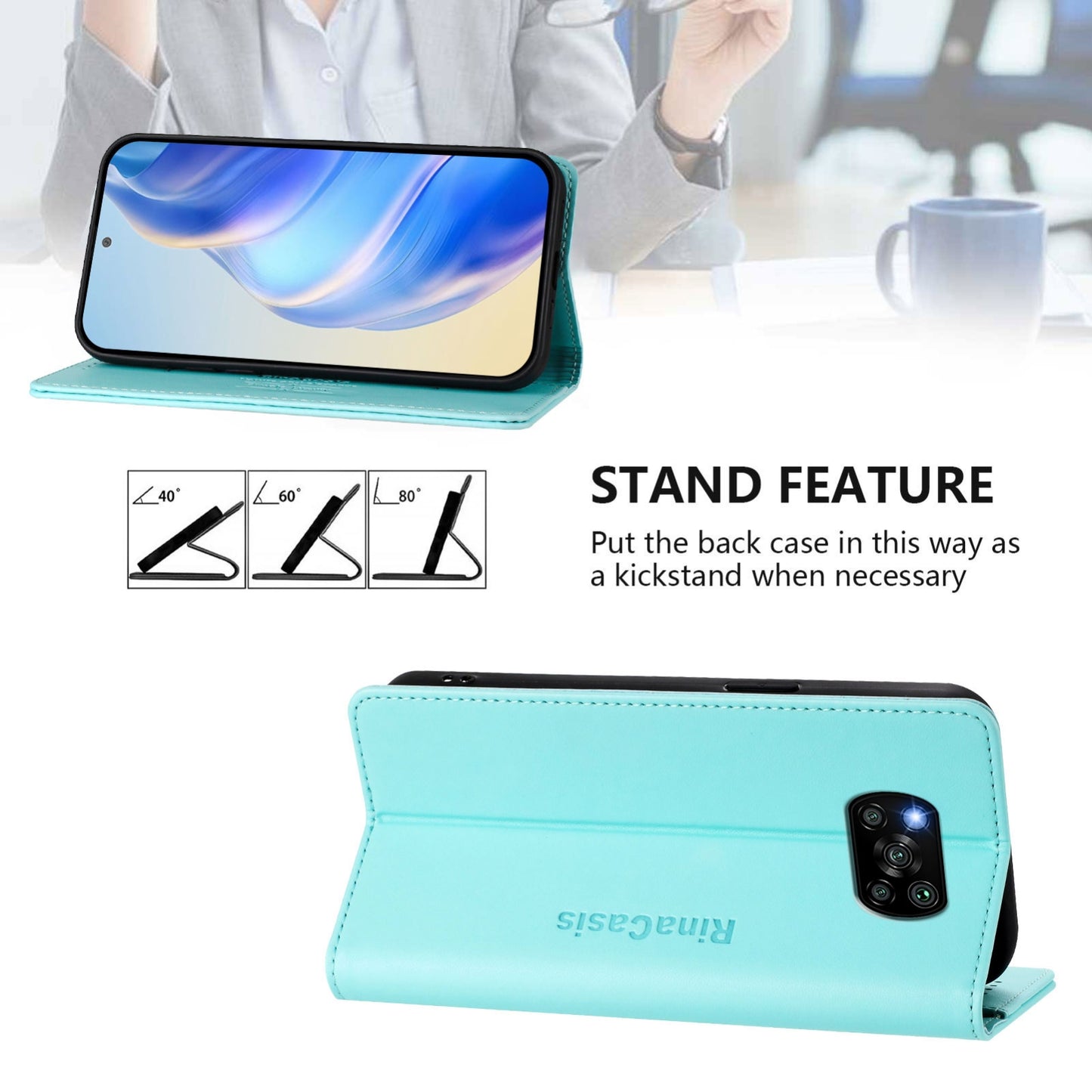 Xiaomi Poco X3 Dual-Folded Magnetic Suction RFID Blocking PU Leather Wallet Phone Case with Card Slots, Cash Pocket, Kickstand, Full Protective Flip Cover