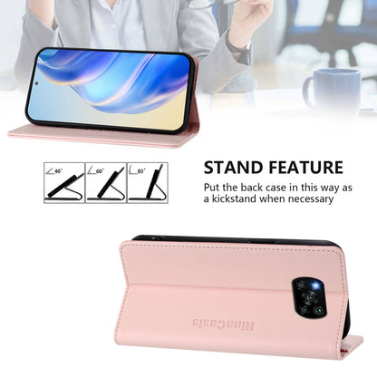 Xiaomi Poco X3 Dual-Folded Magnetic Suction RFID Blocking PU Leather Wallet Phone Case with Card Slots, Cash Pocket, Kickstand, Full Protective Flip Cover