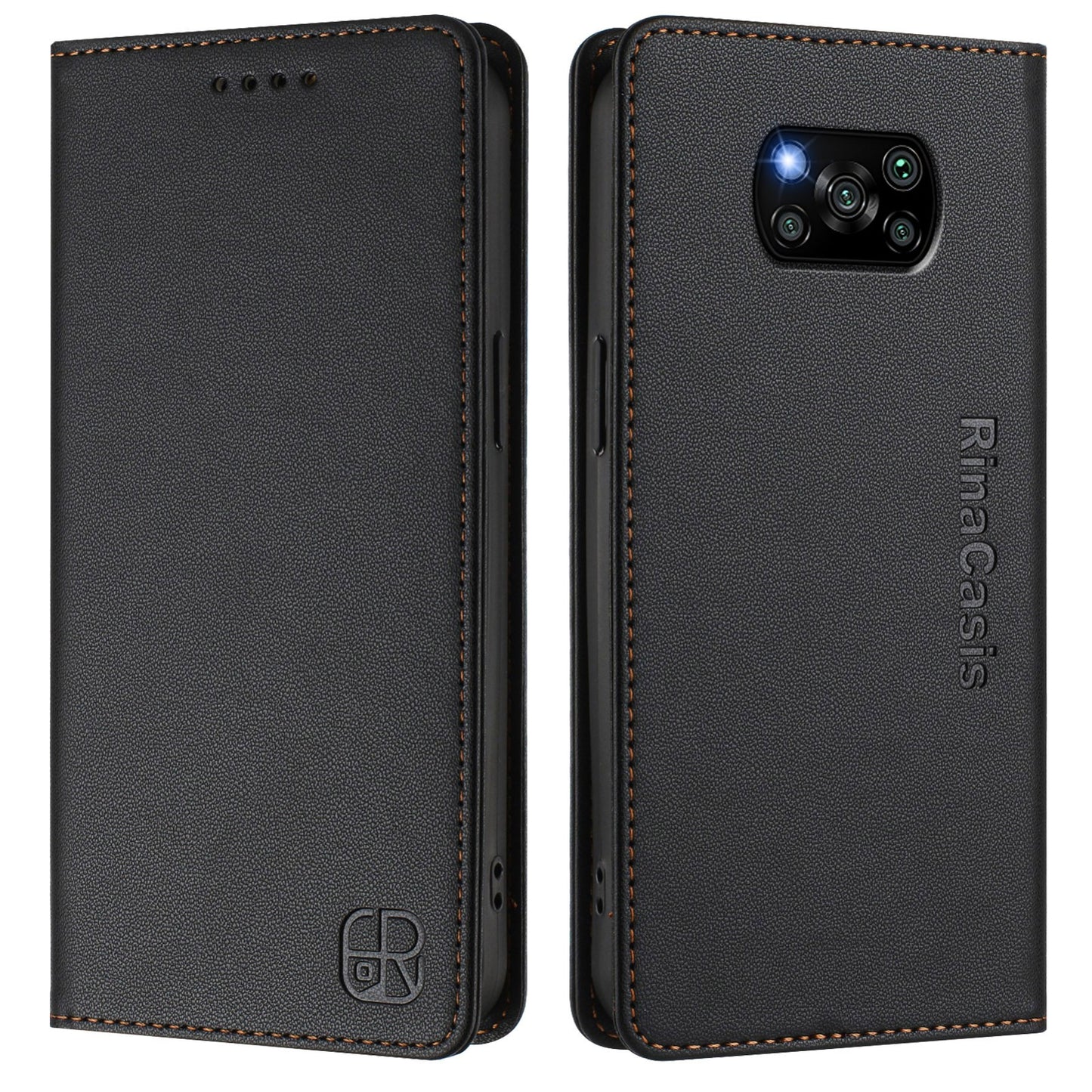 Xiaomi Poco X3 Dual-Folded Magnetic Suction RFID Blocking PU Leather Wallet Phone Case with Card Slots, Cash Pocket, Kickstand, Full Protective Flip Cover