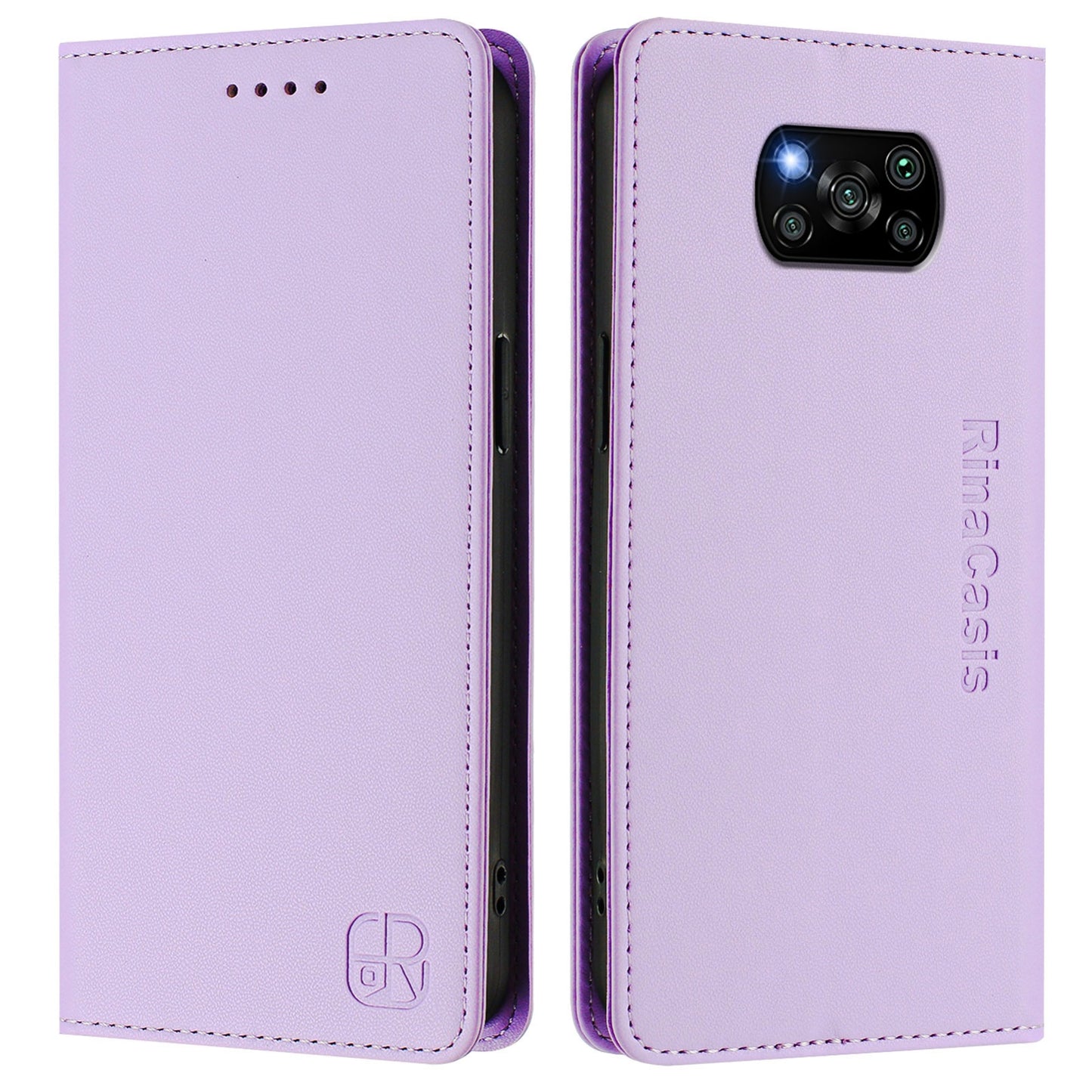 Xiaomi Poco X3 Dual-Folded Magnetic Suction RFID Blocking PU Leather Wallet Phone Case with Card Slots, Cash Pocket, Kickstand, Full Protective Flip Cover