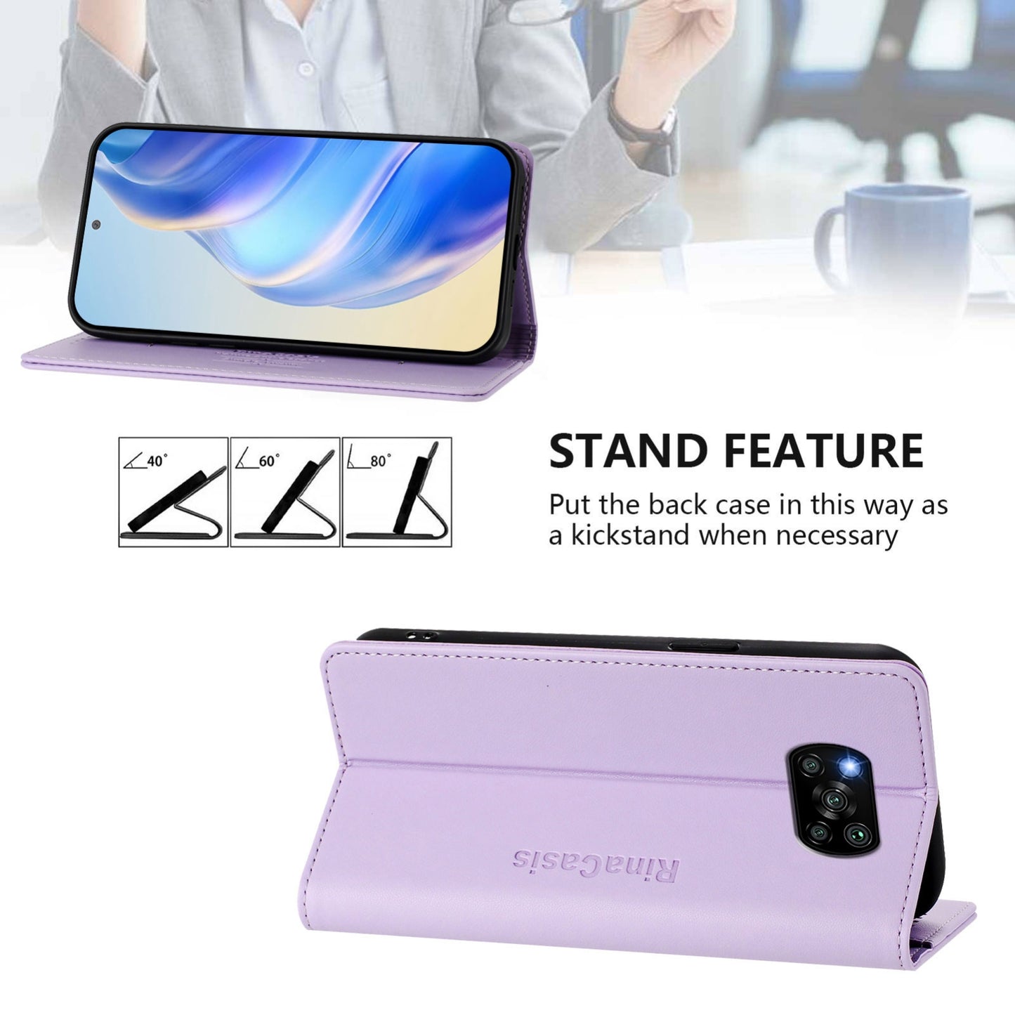 Xiaomi Poco X3 Dual-Folded Magnetic Suction RFID Blocking PU Leather Wallet Phone Case with Card Slots, Cash Pocket, Kickstand, Full Protective Flip Cover