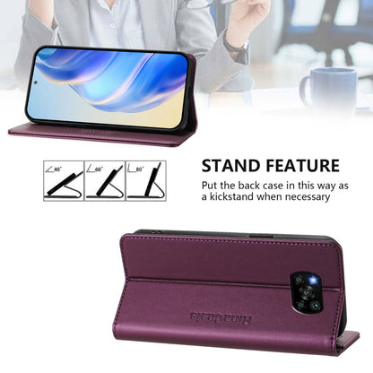 Xiaomi Poco X3 Dual-Folded Magnetic Suction RFID Blocking PU Leather Wallet Phone Case with Card Slots, Cash Pocket, Kickstand, Full Protective Flip Cover