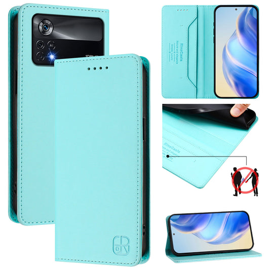 Xiaomi Poco X4 Pro 5G Dual-Folded Magnetic Suction RFID Blocking PU Leather Wallet Phone Case with Card Slots, Cash Pocket, Kickstand, Full Protective Flip Cover