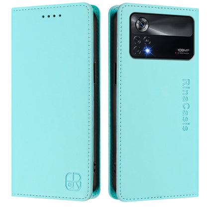 Xiaomi Poco X4 Pro 5G Dual-Folded Magnetic Suction RFID Blocking PU Leather Wallet Phone Case with Card Slots, Cash Pocket, Kickstand, Full Protective Flip Cover