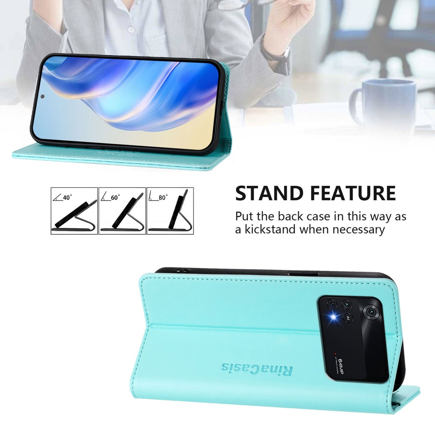 Xiaomi Poco X4 Pro 5G Dual-Folded Magnetic Suction RFID Blocking PU Leather Wallet Phone Case with Card Slots, Cash Pocket, Kickstand, Full Protective Flip Cover