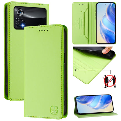 Xiaomi Poco X4 Pro 5G Dual-Folded Magnetic Suction RFID Blocking PU Leather Wallet Phone Case with Card Slots, Cash Pocket, Kickstand, Full Protective Flip Cover