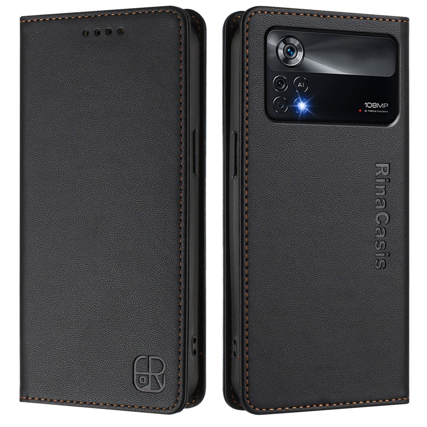 Xiaomi Poco X4 Pro 5G Dual-Folded Magnetic Suction RFID Blocking PU Leather Wallet Phone Case with Card Slots, Cash Pocket, Kickstand, Full Protective Flip Cover