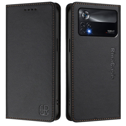 Xiaomi Poco X4 Pro 5G Dual-Folded Magnetic Suction RFID Blocking PU Leather Wallet Phone Case with Card Slots, Cash Pocket, Kickstand, Full Protective Flip Cover