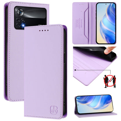 Xiaomi Poco X4 Pro 5G Dual-Folded Magnetic Suction RFID Blocking PU Leather Wallet Phone Case with Card Slots, Cash Pocket, Kickstand, Full Protective Flip Cover