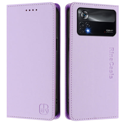 Xiaomi Poco X4 Pro 5G Dual-Folded Magnetic Suction RFID Blocking PU Leather Wallet Phone Case with Card Slots, Cash Pocket, Kickstand, Full Protective Flip Cover