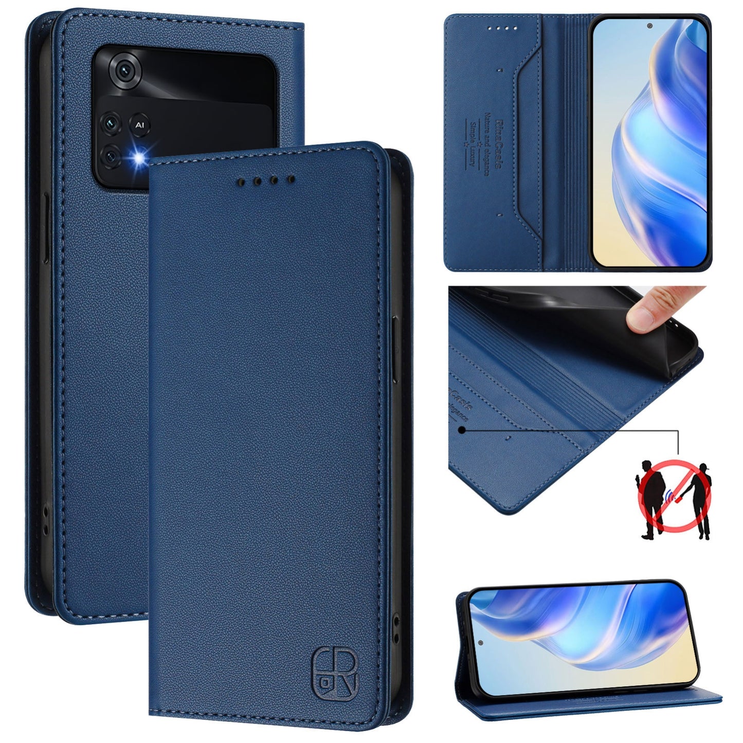 Xiaomi Poco X4 Pro 5G Dual-Folded Magnetic Suction RFID Blocking PU Leather Wallet Phone Case with Card Slots, Cash Pocket, Kickstand, Full Protective Flip Cover
