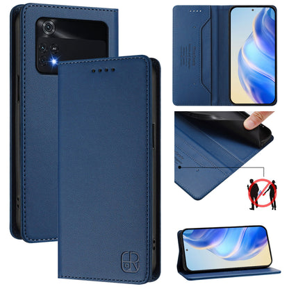 Xiaomi Poco X4 Pro 5G Dual-Folded Magnetic Suction RFID Blocking PU Leather Wallet Phone Case with Card Slots, Cash Pocket, Kickstand, Full Protective Flip Cover