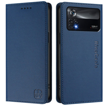 Xiaomi Poco X4 Pro 5G Dual-Folded Magnetic Suction RFID Blocking PU Leather Wallet Phone Case with Card Slots, Cash Pocket, Kickstand, Full Protective Flip Cover