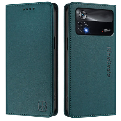 Xiaomi Poco X4 Pro 5G Dual-Folded Magnetic Suction RFID Blocking PU Leather Wallet Phone Case with Card Slots, Cash Pocket, Kickstand, Full Protective Flip Cover
