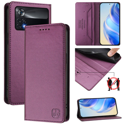 Xiaomi Poco X4 Pro 5G Dual-Folded Magnetic Suction RFID Blocking PU Leather Wallet Phone Case with Card Slots, Cash Pocket, Kickstand, Full Protective Flip Cover