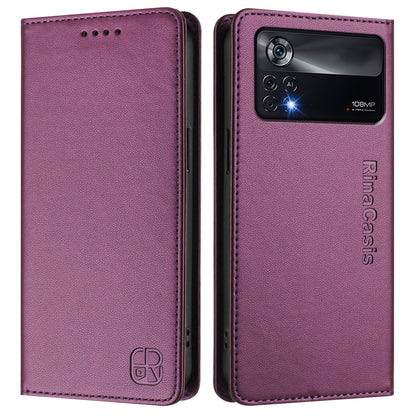 Xiaomi Poco X4 Pro 5G Dual-Folded Magnetic Suction RFID Blocking PU Leather Wallet Phone Case with Card Slots, Cash Pocket, Kickstand, Full Protective Flip Cover