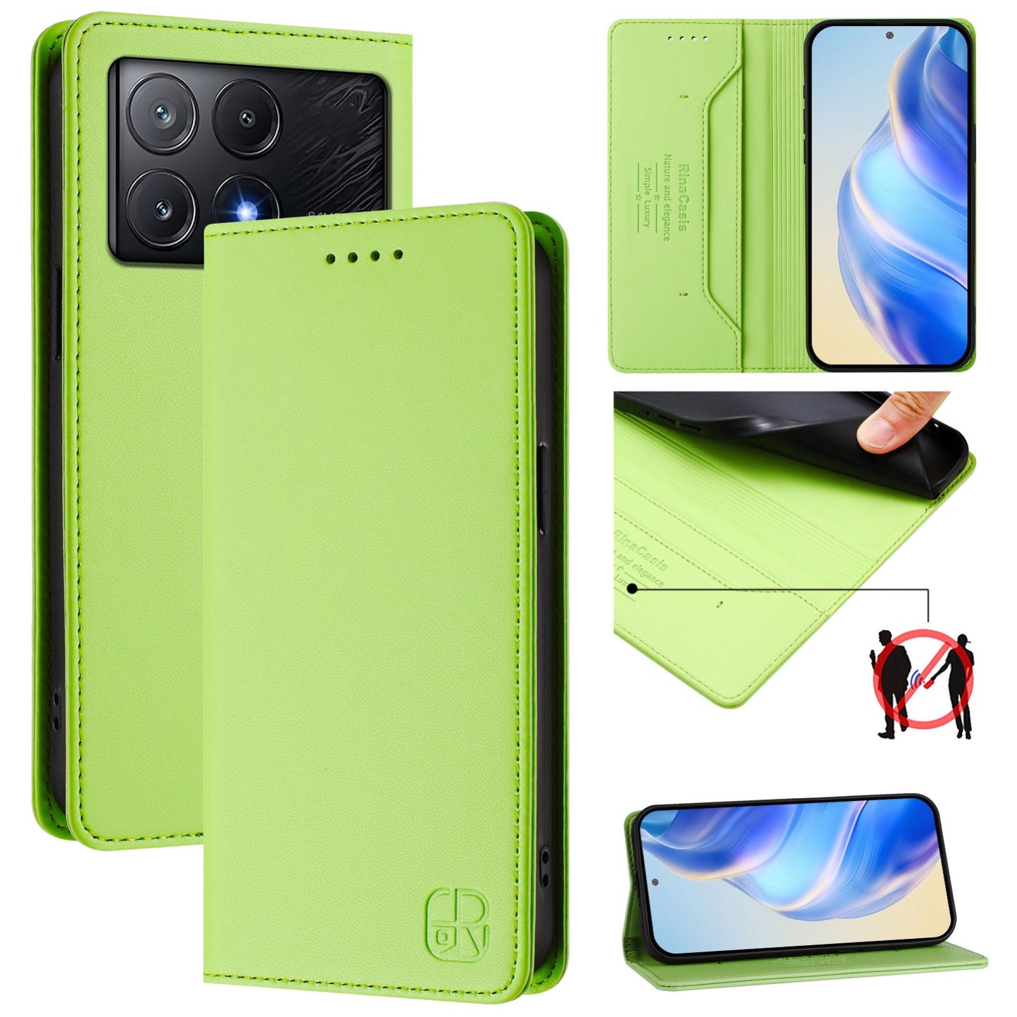 Xiaomi Redmi K70E Dual-Folded Magnetic Suction RFID Blocking PU Leather Wallet Phone Case with Card Slots, Cash Pocket, Kickstand, Full Protective Flip Cover