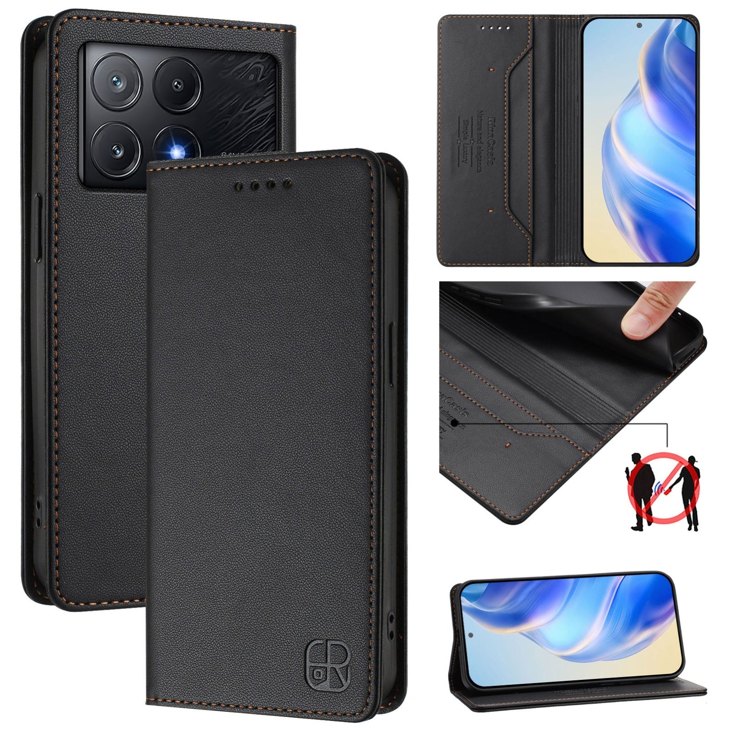 Xiaomi Poco X6 Pro Dual-Folded Magnetic Suction RFID Blocking PU Leather Wallet Phone Case with Card Slots, Cash Pocket, Kickstand, Full Protective Flip Cover