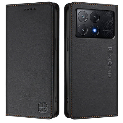 Xiaomi Redmi K70E Dual-Folded Magnetic Suction RFID Blocking PU Leather Wallet Phone Case with Card Slots, Cash Pocket, Kickstand, Full Protective Flip Cover
