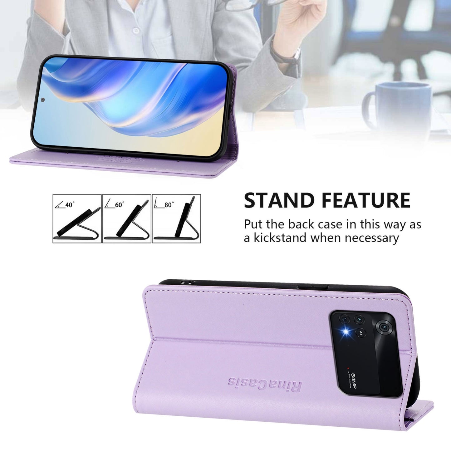 Xiaomi Redmi K70E Dual-Folded Magnetic Suction RFID Blocking PU Leather Wallet Phone Case with Card Slots, Cash Pocket, Kickstand, Full Protective Flip Cover