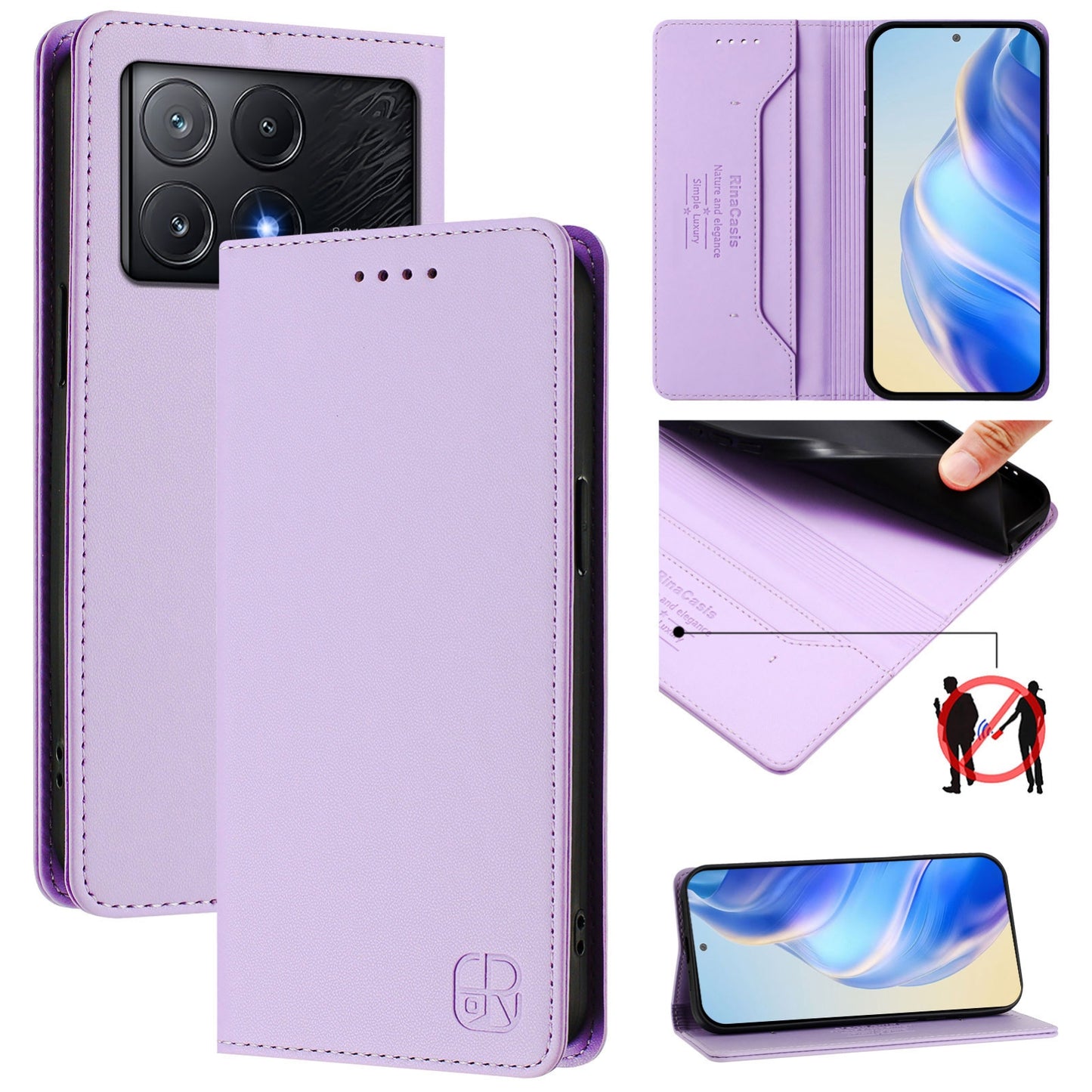 Xiaomi Redmi K70E Dual-Folded Magnetic Suction RFID Blocking PU Leather Wallet Phone Case with Card Slots, Cash Pocket, Kickstand, Full Protective Flip Cover