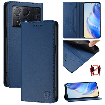 Xiaomi Redmi K70E Dual-Folded Magnetic Suction RFID Blocking PU Leather Wallet Phone Case with Card Slots, Cash Pocket, Kickstand, Full Protective Flip Cover