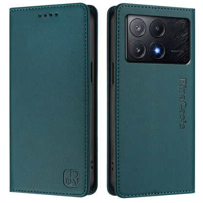 Xiaomi Redmi K70E Dual-Folded Magnetic Suction RFID Blocking PU Leather Wallet Phone Case with Card Slots, Cash Pocket, Kickstand, Full Protective Flip Cover
