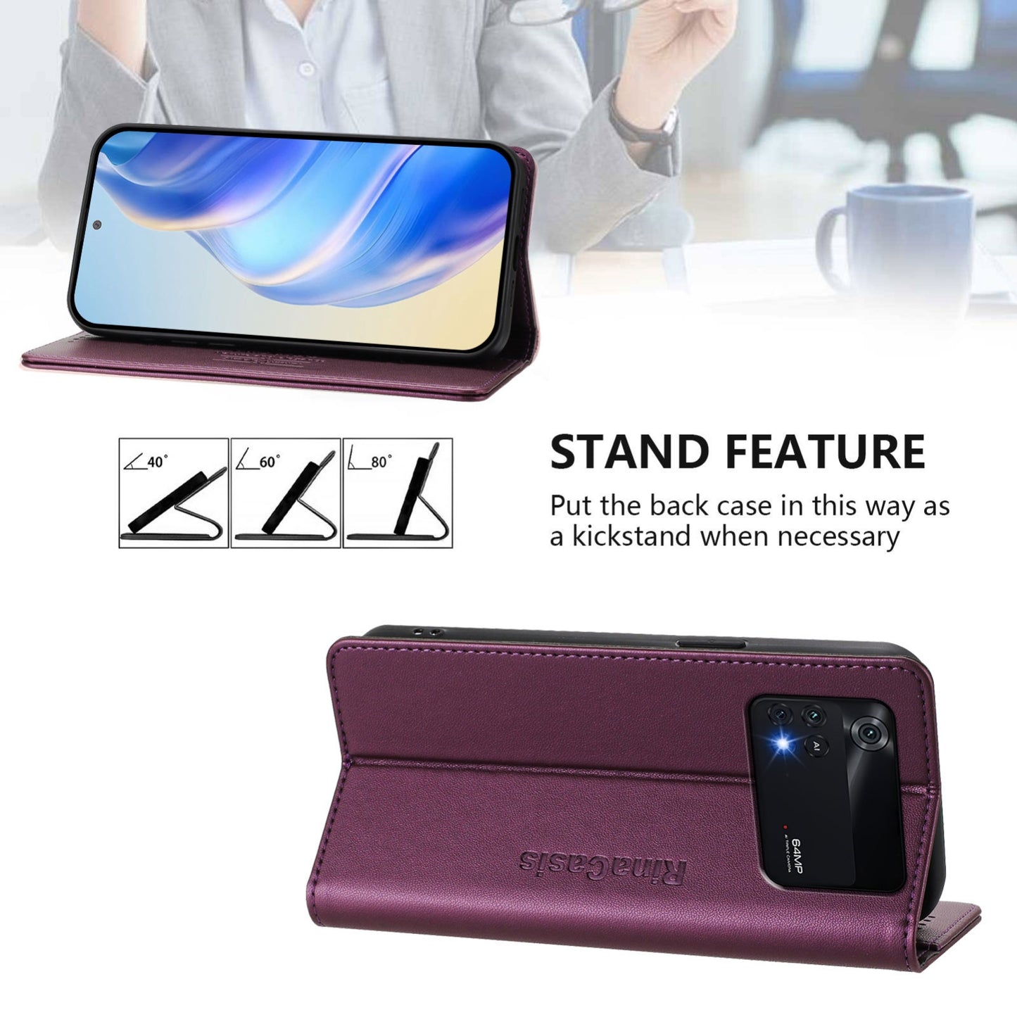 Xiaomi Poco X6 Pro Dual-Folded Magnetic Suction RFID Blocking PU Leather Wallet Phone Case with Card Slots, Cash Pocket, Kickstand, Full Protective Flip Cover