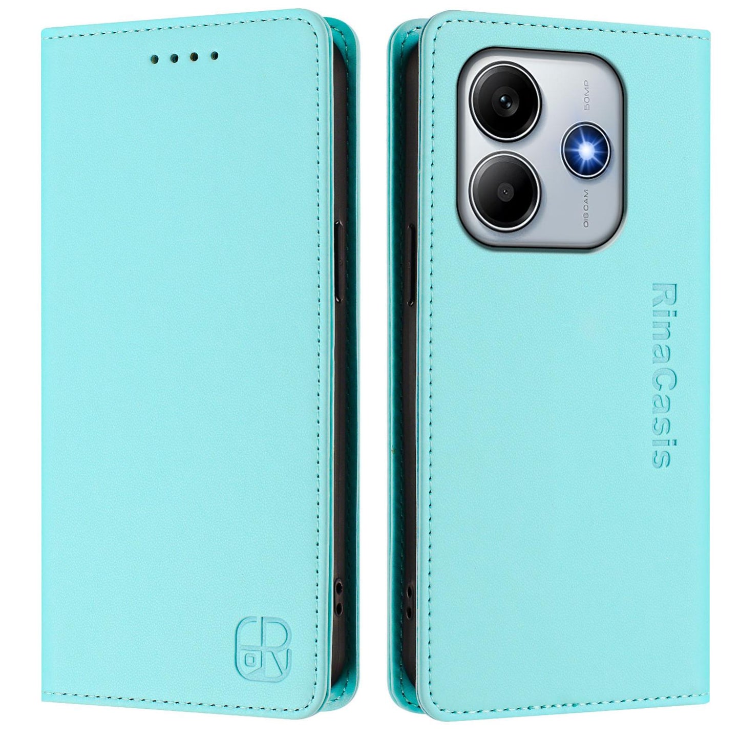 Xiaomi Poco M7 Pro 5G Dual-Folded Magnetic Suction RFID Blocking PU Leather Wallet Phone Case with Card Slots, Cash Pocket, Kickstand, Full Protective Flip Cover