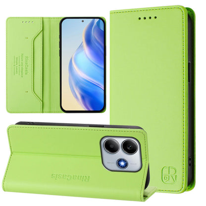 Xiaomi Poco M7 Pro 5G Dual-Folded Magnetic Suction RFID Blocking PU Leather Wallet Phone Case with Card Slots, Cash Pocket, Kickstand, Full Protective Flip Cover