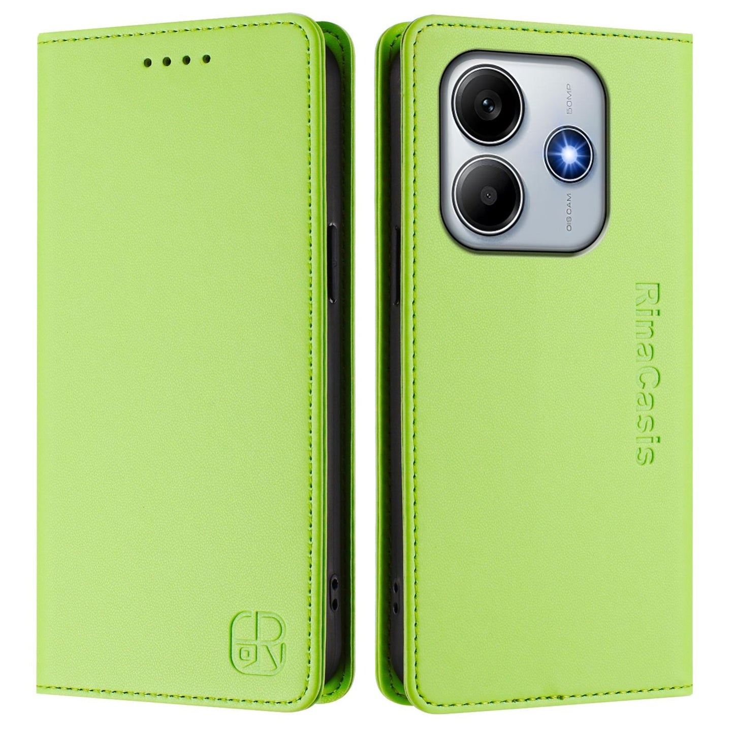 Xiaomi Poco M7 Pro 5G Dual-Folded Magnetic Suction RFID Blocking PU Leather Wallet Phone Case with Card Slots, Cash Pocket, Kickstand, Full Protective Flip Cover