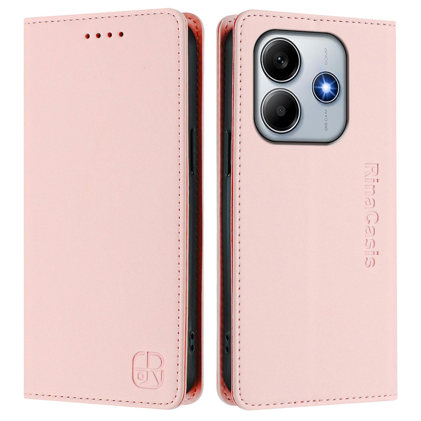 Xiaomi Poco M7 Pro 5G Dual-Folded Magnetic Suction RFID Blocking PU Leather Wallet Phone Case with Card Slots, Cash Pocket, Kickstand, Full Protective Flip Cover