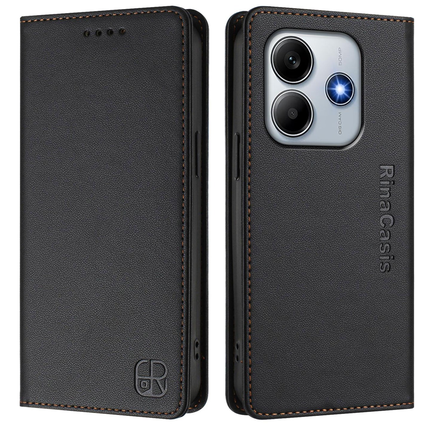 Xiaomi Poco M7 Pro 5G Dual-Folded Magnetic Suction RFID Blocking PU Leather Wallet Phone Case with Card Slots, Cash Pocket, Kickstand, Full Protective Flip Cover