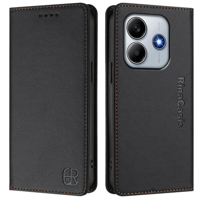 Xiaomi Poco M7 Pro 5G Dual-Folded Magnetic Suction RFID Blocking PU Leather Wallet Phone Case with Card Slots, Cash Pocket, Kickstand, Full Protective Flip Cover