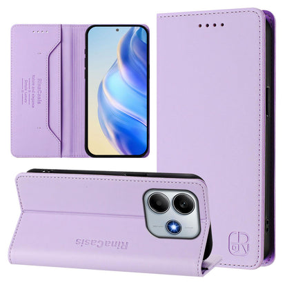 Xiaomi Poco M7 Pro 5G Dual-Folded Magnetic Suction RFID Blocking PU Leather Wallet Phone Case with Card Slots, Cash Pocket, Kickstand, Full Protective Flip Cover